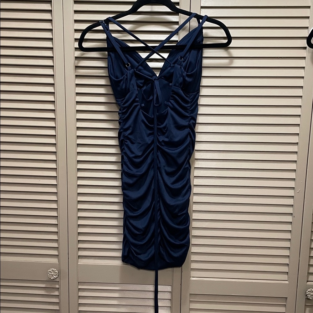 Navy Blue Strappy Ruched Bodycon Dress - Picture 3 of 4